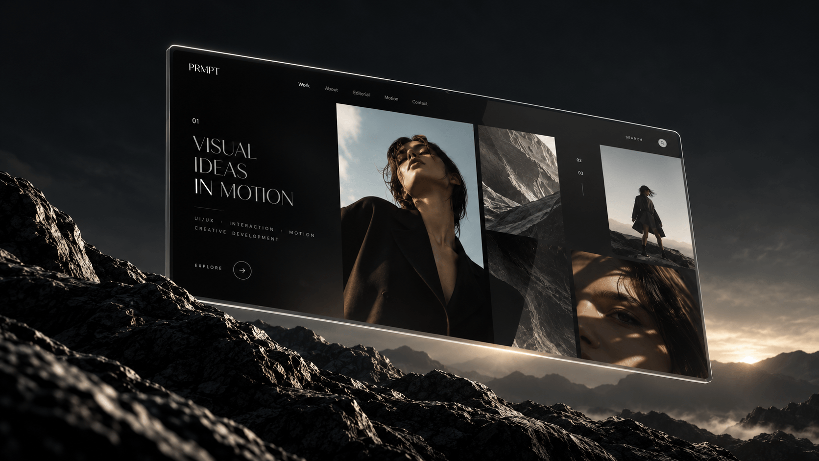 Dark website interface displayed on an angled screen above a rocky landscape.